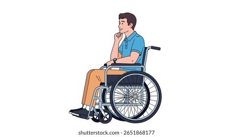 Thoughtful man sitting in a wheelchair contemplating with hand on chin
