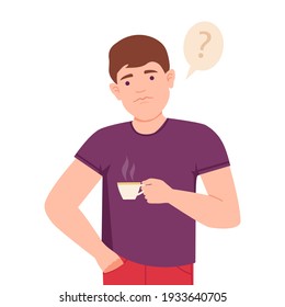 Thoughtful Man Standing with Cup of Coffee Thinking and Considering of Something Vector Illustration