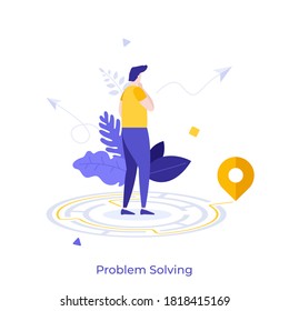 Thoughtful man standing in maze and searching for exit. Concept of problem solving, business thinking, finding solution, strategic decision making. Modern flat colorful vector illustration for banner.