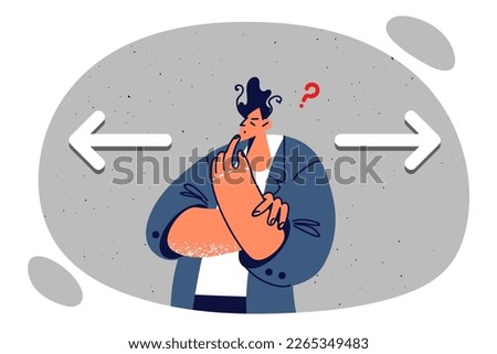 Thoughtful man stands near two arrows pointing in different directions, symbolizing need to make choice and accept decision. Guy choice profession, ponders in which industry wants to get education