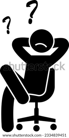 Thoughtful man stick figure vector icon. Problem solving critical thinking decision making planning brainstorm concept. Worried man sitting on a chair thinking about his problems.