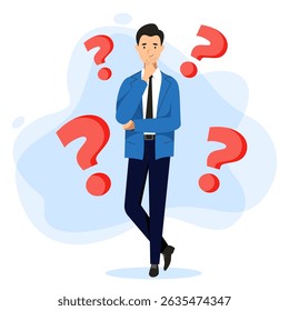 Thoughtful man surrounded by red question marks. Vector flat cartoon thinks male character illustration isolated on white background. Business idea, problem of choice, query concept