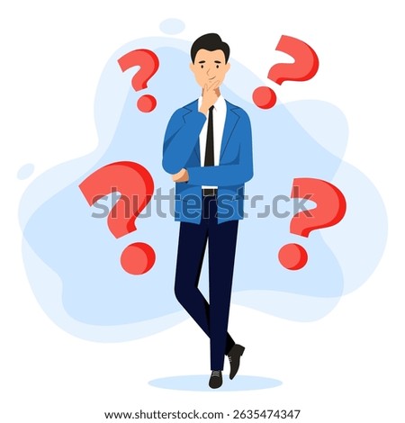 Thoughtful man surrounded by red question marks. Vector flat cartoon thinks male character illustration isolated on white background. Business idea, problem of choice, query concept