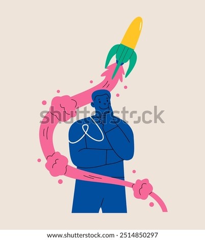 Thoughtful man think develop strategy. Concept of innovative business idea. Growth and successful business start up concept. Colorful vector illustration
