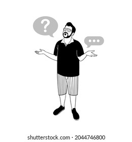 Thoughtful man with thought bubble and question mark, vector illustration. Portrait of pensive boy thinking or solving problem. Sketch of human emotions sign.