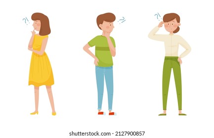 Thoughtful Man and Woman Character with Question Mark Thinking Over the Matter Vector Set