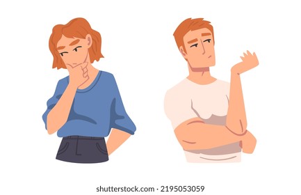 Thoughtful Man and Woman Character Scratching Head Thinking and Considering Something Vector Set