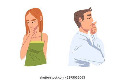 Thoughtful Man and Woman Character Scratching Head Thinking and Considering Something Vector Set