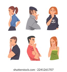 Thoughtful Man and Woman Character Scratching Head Thinking and Considering Something Vector Set