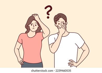 Thoughtful man and woman look forward embarrassedly touch mouth and head. Puzzled couple of guy and girl zoomers with question mark symbolizing uncertainty and lack of solution. Flat vector design 