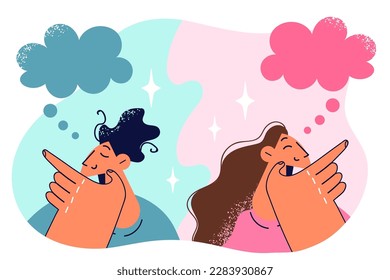 Thoughtful man and woman touching chin thinking together on one task. Young thoughtful couple with dialogue bubbles symbolizing communication and exchange of opinions for problem solving 