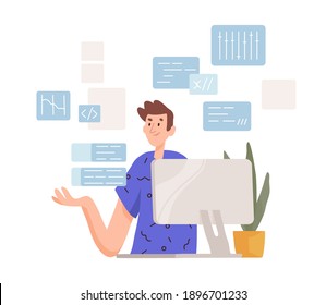 Thoughtful man working at computer. Programmer coding and concerning about solving difficult tasks. Puzzled male character. Colored flat vector illustration isolated on white background
