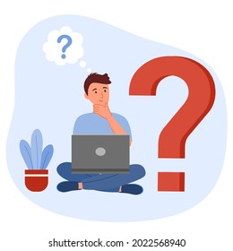 Thoughtful man working with laptop computer and big question mark in flat design. Thinking of business problem and solution.
