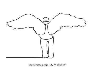 Thoughtful mature man stands and angel wings standing  dead man goes and angel wings
