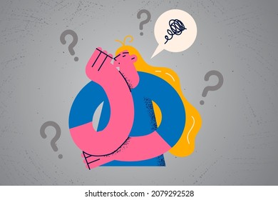 Thoughtful millennial girl feel distressed pensive think of life problems seek solution. Stressed woman consider ideas solve troubles find answers. Confusion and mental health. Vector illustration. 