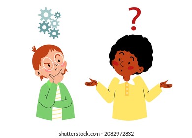 Thoughtful mindful kids having question or difficulties answering question, flat vector illustration isolated on white background. Children education and intelligence.
