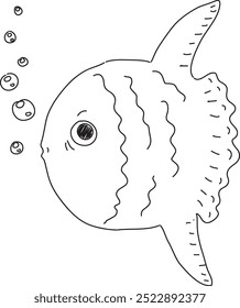 thoughtful moon fish blowing bubbles side view, hand drawn with black brush on white background