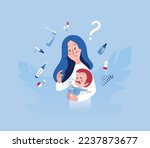 Thoughtful Mother with Crying Baby Worried About Taking Medicine Pills.