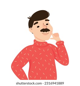 Thoughtful Mustached Man Character Scratching Chin Thinking over Riddle Vector Illustration