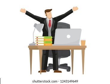 Thoughtful office businessman standing up from his work desk, stretching his arms as he finishs his work. Vector illustration.