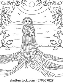 Thoughtful owl sitting on the stump river is in the background with frame made of branches with leaves. Coloring book