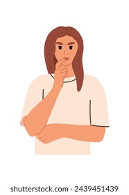 Thoughtful, pensive or making decision girl. Modern vector flat illustration.
