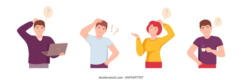 Thoughtful People Character with Question Mark Thinking or Solving Problem Vector Set