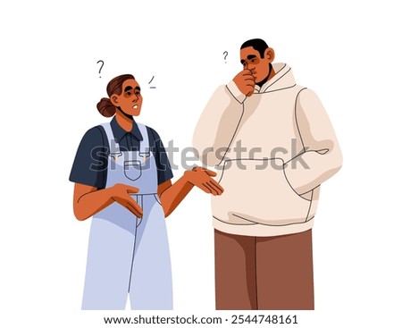 Thoughtful people communicate, ask each other. Couple with problem in relationships thinking about solution together. Puzzled friends doubt. Flat isolated vector illustration on white background