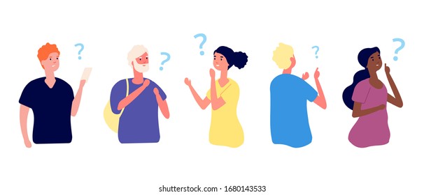 Thoughtful people. Curious girls, young thinking characters. Man has question, contemplative or pensive person. Problem solution vector illustration