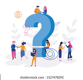 Thoughtful people, FAQ, pensive business man and woman surrounded by thought bubbles.  question mark, Vector illustration for web, mobile website. A pack of smart men and women  think,  solve problem.