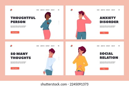 Thoughtful People Landing Page Template Set. Pensive Characters with Questions Searching Solution. Students and Businesspeople Mental Research, Curiosity, Anxiety Disorder. Cartoon Vector Illustration