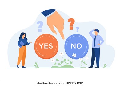 Thoughtful people making difficult choice between two options isolated flat vector illustration. Cartoon hand ready for pushing button. Dilemma, decision and opportunities concept