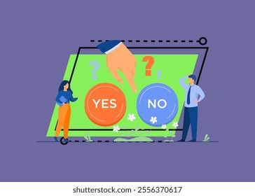 Thoughtful people making difficult choice between two options isolated flat vector illustration. Cartoon hand ready for pushing button. Dilemma, decision and opportunities concept