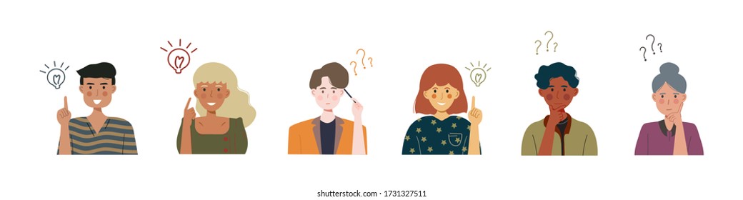 Thoughtful People. Man, Woman Are Thinking. People Have Good Idea. Question Mark. Vector Illustration.