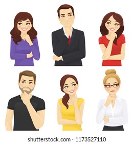 Thoughtful people men and women set vector illustration