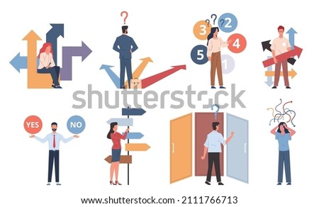 Thoughtful people. Right option search, men and women doubt choice, employee make decision, alternative variant. Crossroad pointers and way arrows, true solution, vector isolated set