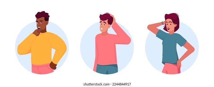 Thoughtful People Scratch Their Heads Isolated Round Icons or Avatars. Men and Women Remember Information, Brooding Pensive Male And Female Characters Mental Research. Cartoon Vector Illustration