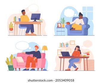 Thoughtful People Smiling. Men And Women Sit On Couch Or At Desk And Dream. Relaxation In Office Or At Home. Thoughts About The Future. Cartoon Flat Vector Collection Isolated On White Background