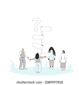 Thoughtful people standing at signpost.  Confused characters thinking about the right path. Vector illustration in line art style.