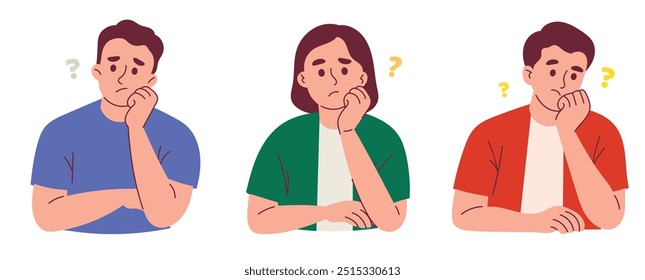 Pessoas ponderadas pensam em perguntas, diferentes homens e mulheres com expressões faciais intrigadas