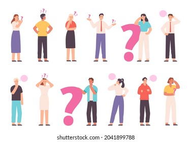 Thoughtful people wondering, solving problem and thinking with question marks. Choice or decision concept with asking characters vector set. Uncertain young man and woman choosing way
