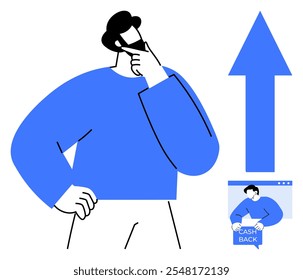 Thoughtful person with a hand on the chin in blue and white theme beside an upward arrow and a small illustration of cash back. Ideal for finance, savings, business growth, decision-making