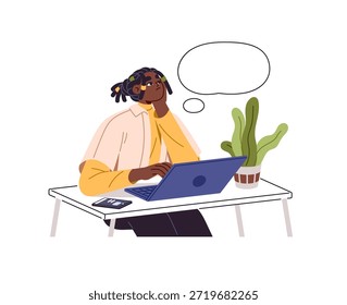 Thoughtful person sitting at the desk with empty thought bubble. Pensive black character is thinking while work at laptop. Man or woman dreams about wishes. Flat isolated vector illustration on white