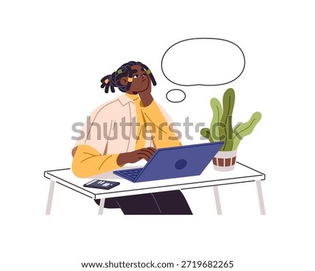 Thoughtful person sitting at the desk with empty thought bubble. Pensive black character is thinking while work at laptop. Man or woman dreams about wishes. Flat isolated vector illustration on white