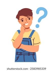 Thoughtful person. Smiling boy thinking about something, coming up with idea or solution to problem. Uncertain pensive child next to question mark. Flat vector illustration isolated on background