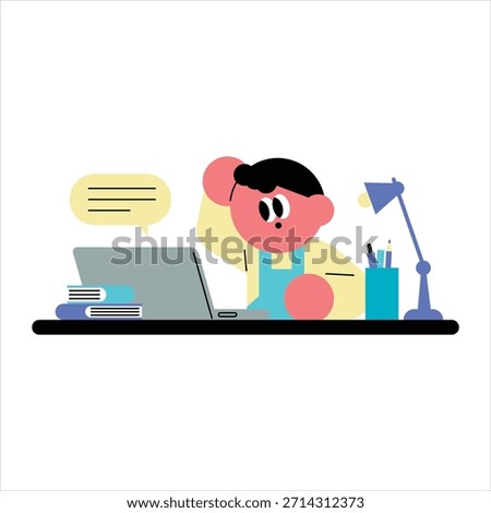 Thoughtful Person Working on Laptop at Desk. Cute flat illustration of people using digital devices for online work.
