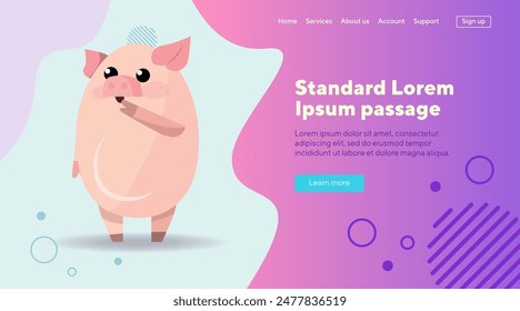 Thoughtful pig cartoon character. Pink pig standing and holding leg near snout. Animal, emotion concept can be used for banner, website design or landing page