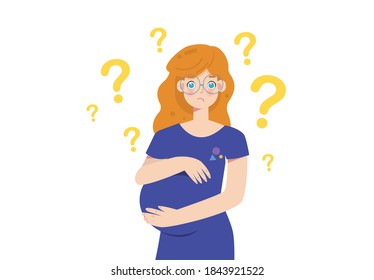 Thoughtful pregnant woman with question marks over head. Expecting mom thinking or solving problem. Asking pregnant concept.