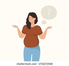 Thoughtful pregnant woman. Young pregnant woman thinking. Vector