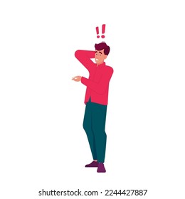 Ein gedankenvoller, verwirrter Mann steht mit Ausrufezeichen über Kopf. Das Denken männlicher Charaktere, Suche nach Lösung, Entscheidung für schwierige Antwort. FAQ-Service, Problem lösen. Cartoon-Vektorgrafik